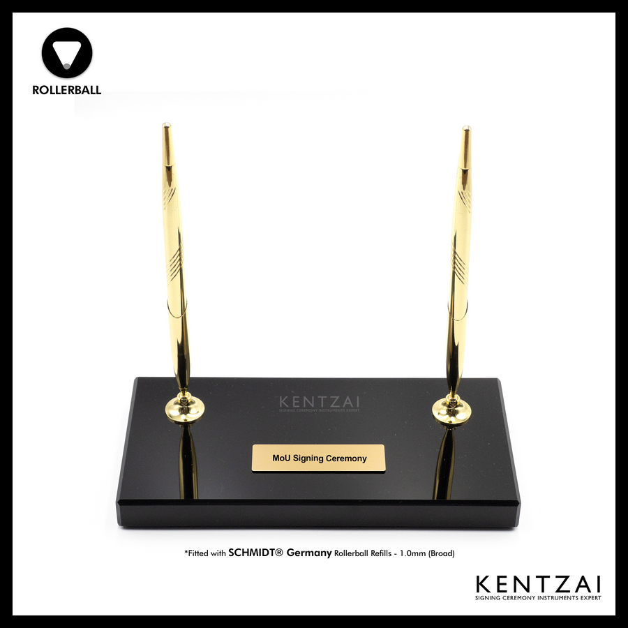 KENTZAI Desk Pen Stand - Full Black Shinny RESIN Gold Trim (DOUBLE Pens) - FULL GOLD Trim ROLLERBALL - Signing Ceremony Set - KSGILLS.com | The Writing Instruments Expert