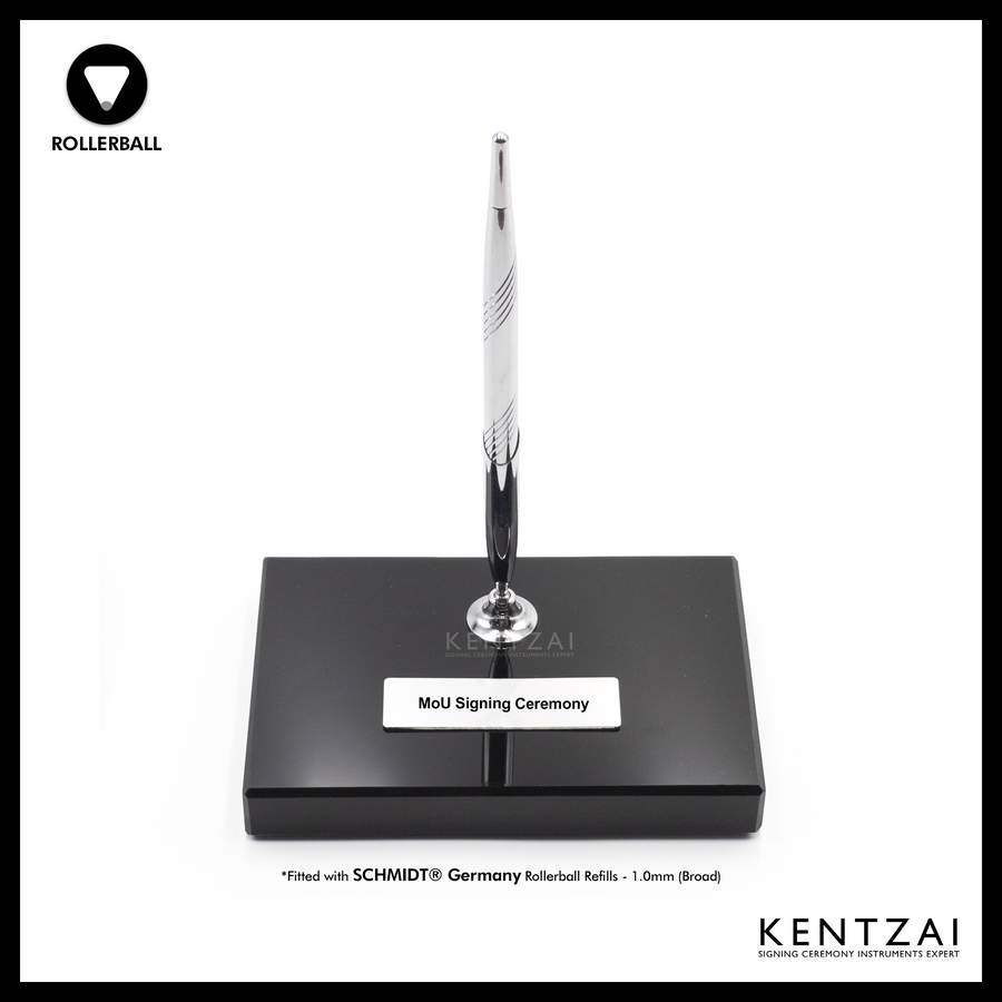 KENTZAI Desk Pen Stand - Full Black Shinny RESIN Chrome Trim (SINGLE Pen) - FULL CHROME Trim ROLLERBALL - Signing Ceremony Set - KSGILLS.com | The Writing Instruments Expert