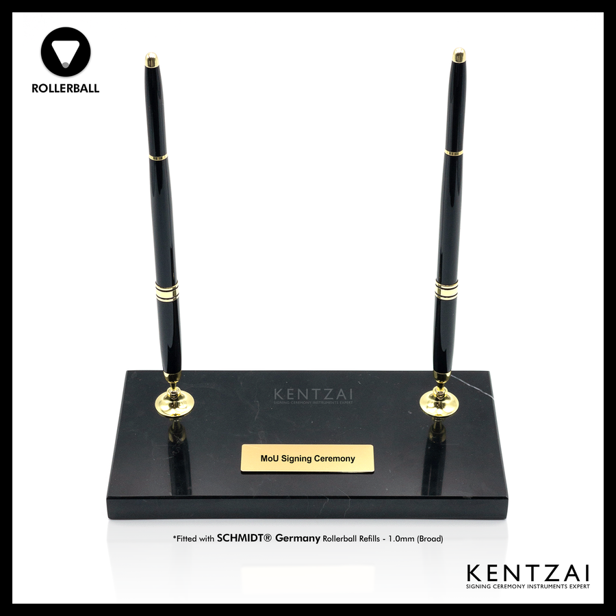 KENTZAI Desk Pen Stand - Black MARBLE Marquina Gold Trim - (DOUBLE Pens) - ROLLERBALL - Signing Ceremony Set - KSGILLS.com | The Writing Instruments Expert