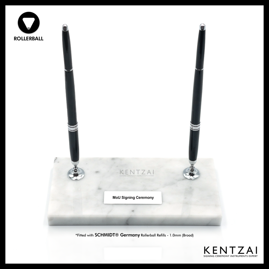 KENTZAI Desk Pen Stand - WHITE Marble Carrara Chrome Trim (DOUBLE Pens) - Rollerball - Signing Ceremony Set - KSGILLS.com | The Writing Instruments Expert