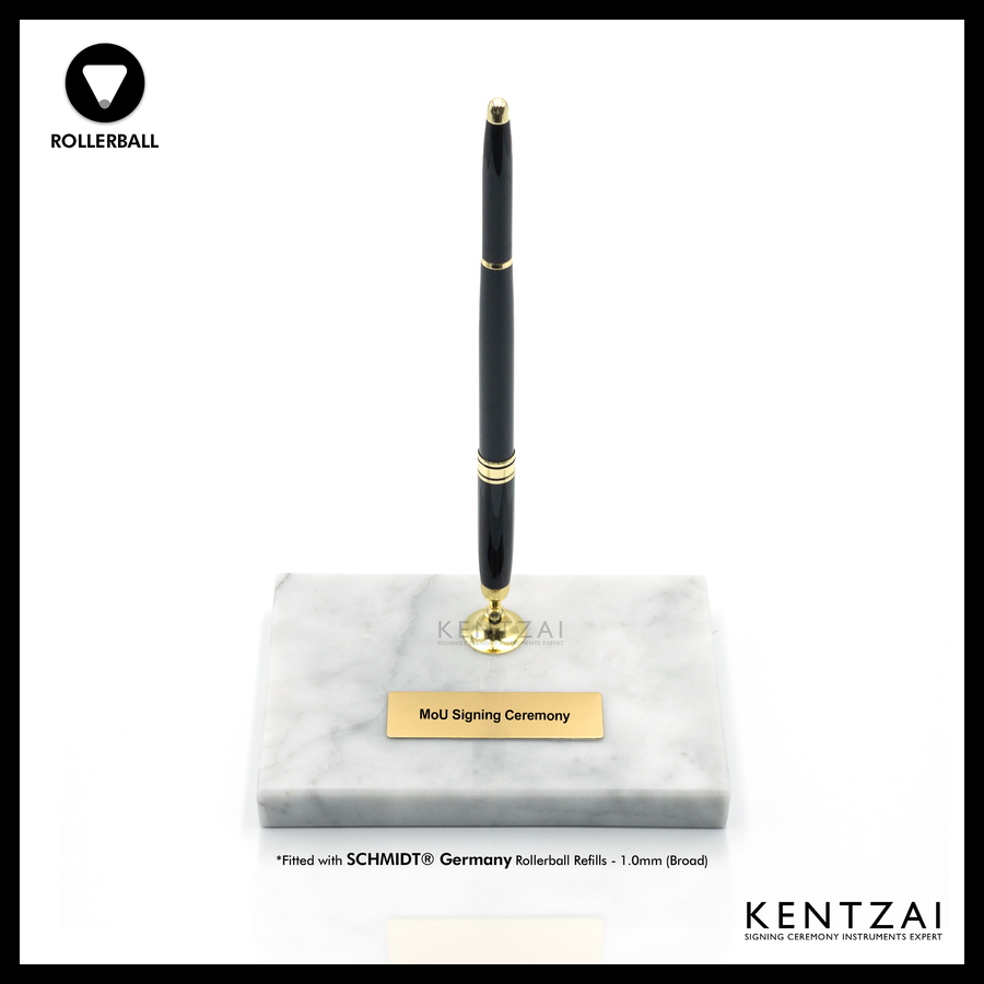 KENTZAI Desk Pen Stand - WHITE Marble Carrara Gold Trim (SINGLE Pen) - Rollerball - Signing Ceremony Set - KSGILLS.com | The Writing Instruments Expert