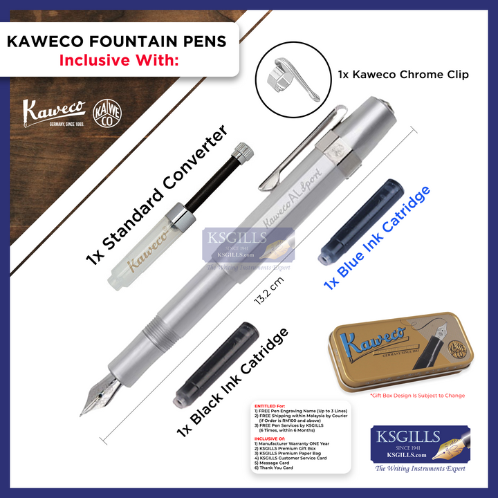 KSG set - Kaweco AL Sport Fountain Pen - Silver Chrome Trim - KSGILLS.com | The Writing Instruments Expert