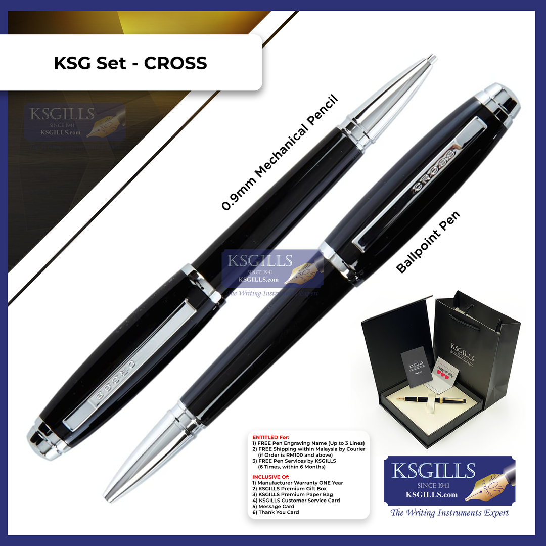 KSG set - Cross Dubai Ballpoint & Mechanical Pencil (0.9mm) - Black Lacquer Chrome Trim - KSGILLS.com | The Writing Instruments Expert