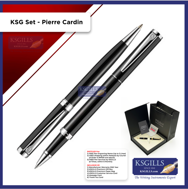 KSG set - Pierre Cardin Rollerball (Black Chrome Trim) & Ballpoint Pen (Newton Black Chrome Trim) - KSGILLS.com | The Writing Instruments Expert
