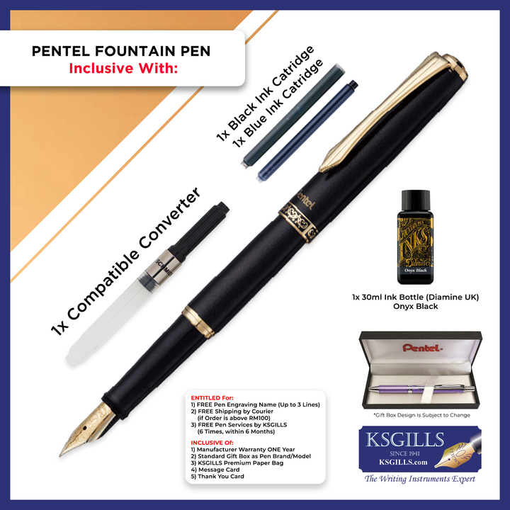 KSG set - Pentel PREMIUM Sterling Fountain Pen SET - Obsidian (Black) - Medium (M) - (with KSGILLS Premium Gift Box) - KSGILLS.com | The Writing Instruments Expert