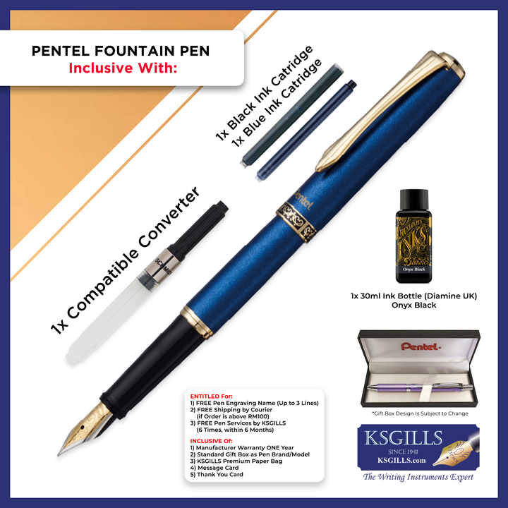 KSG set - Pentel PREMIUM Sterling Fountain Pen SET - Sapphire (Blue) - Medium (M) - (with KSGILLS Premium Gift Box) - KSGILLS.com | The Writing Instruments Expert