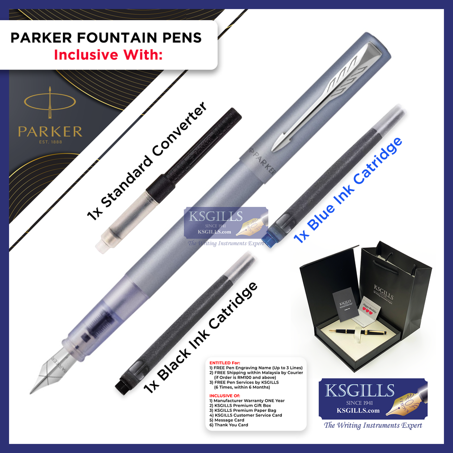 KSG set - Parker Vector XL Fountain Pen SET - Silver Blue Chrome Trim - KSGILLS.com | The Writing Instruments Expert