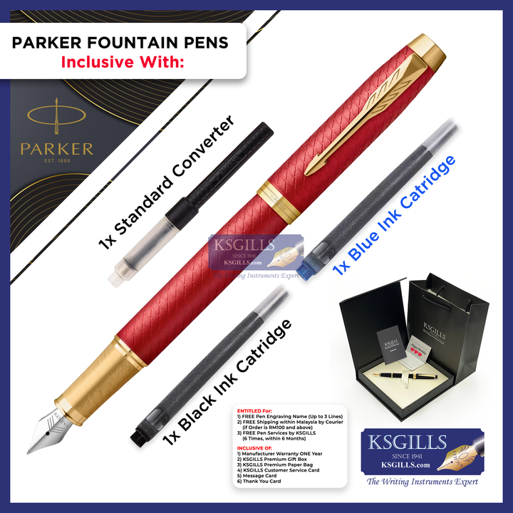 Parker IM Premium Fountain Pen - Red Lacquer Chiselled Gold Trim - KSGILLS.com | The Writing Instruments Expert