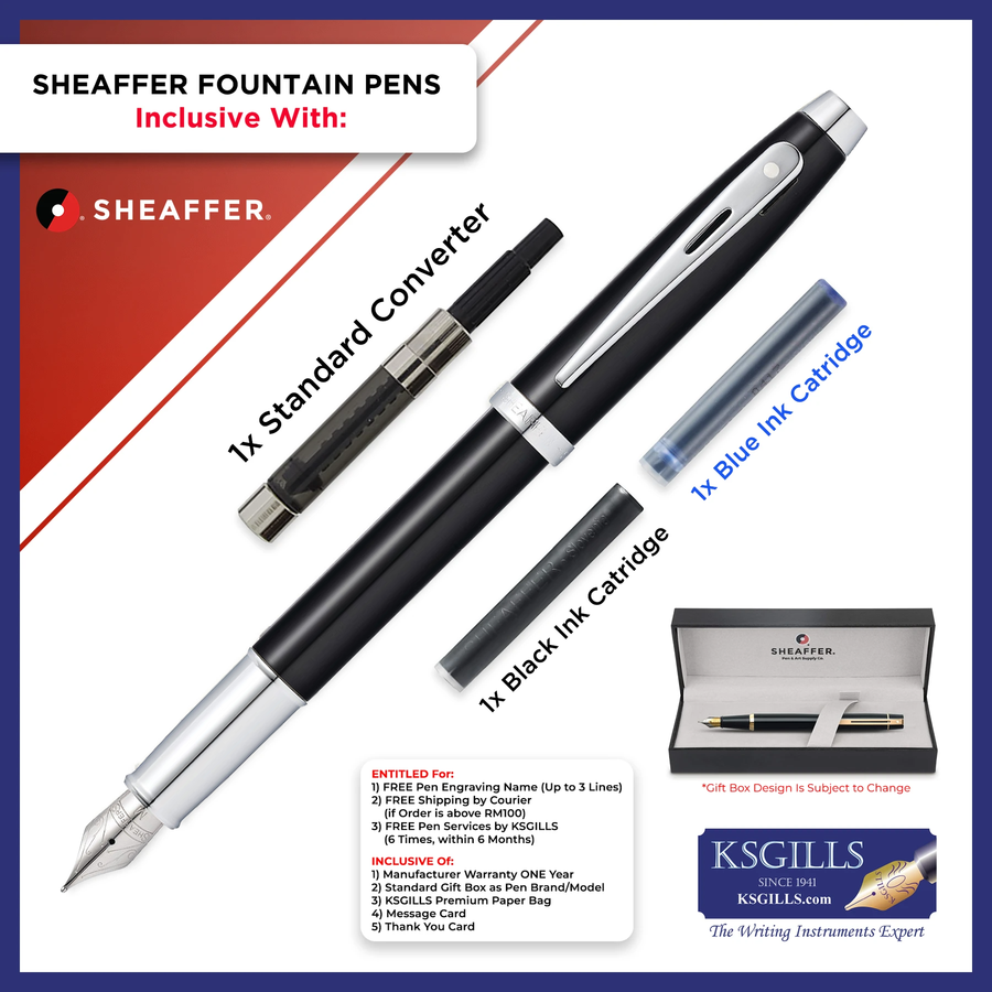 Sheaffer 100 Fountain Pen - Glossy Black Lacquer Chrome Trim - KSGILLS.com | The Writing Instruments Expert