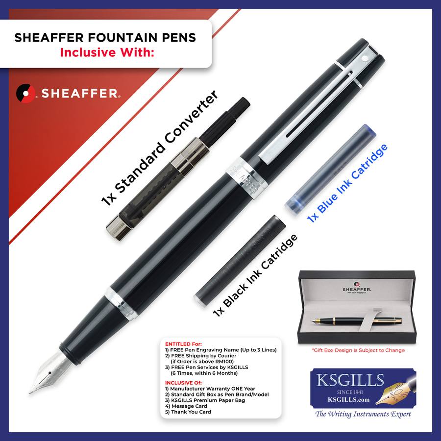 Sheaffer 300 Fountain Pen SET - Black Chrome Trim Glossy Lacquer - KSGILLS.com | The Writing Instruments Expert