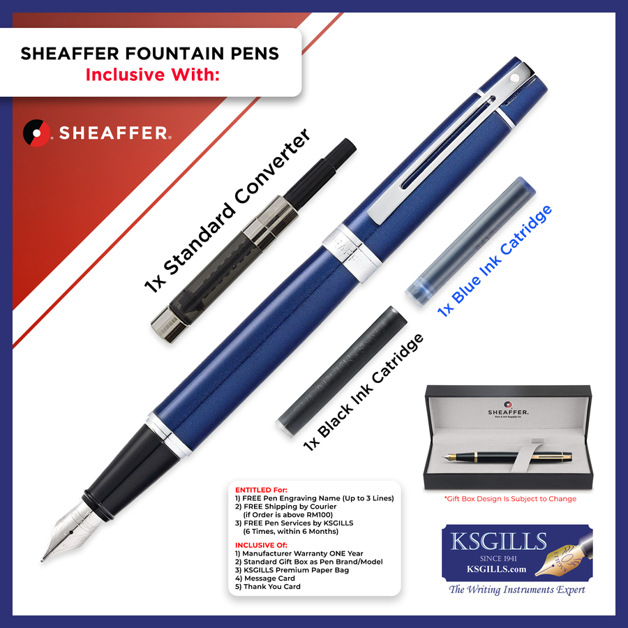 Sheaffer 300 Fountain Pen SET - Blue Chrome Trim Glossy Lacquer - KSGILLS.com | The Writing Instruments Expert