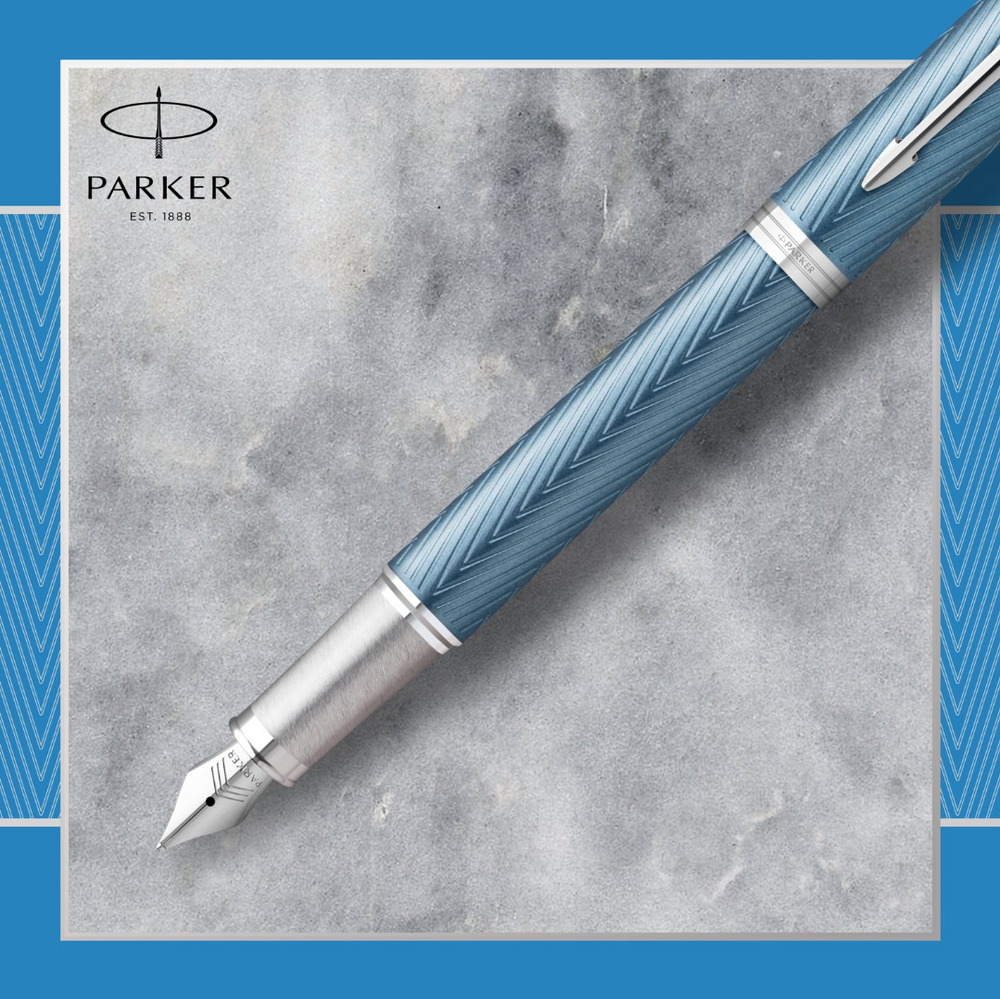 Parker IM Premium Fountain Pen - Blue Grey Lacquer Chiselled Chrome Trim - KSGILLS.com | The Writing Instruments Expert