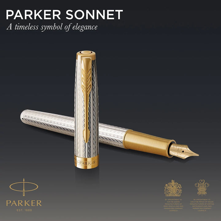 Parker Sonnet Fountain Pen - Sterling Silver Mistral White Silver Gold Trim (18K Gold Nib)