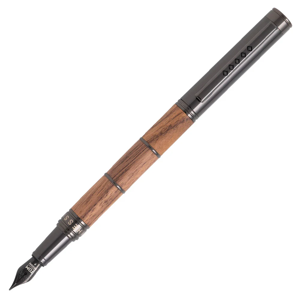 KSG set - Tom Hessin Revolution Fountain Pen - Rustic Light Brown Wooden Barrel Gunmetal Black Trim