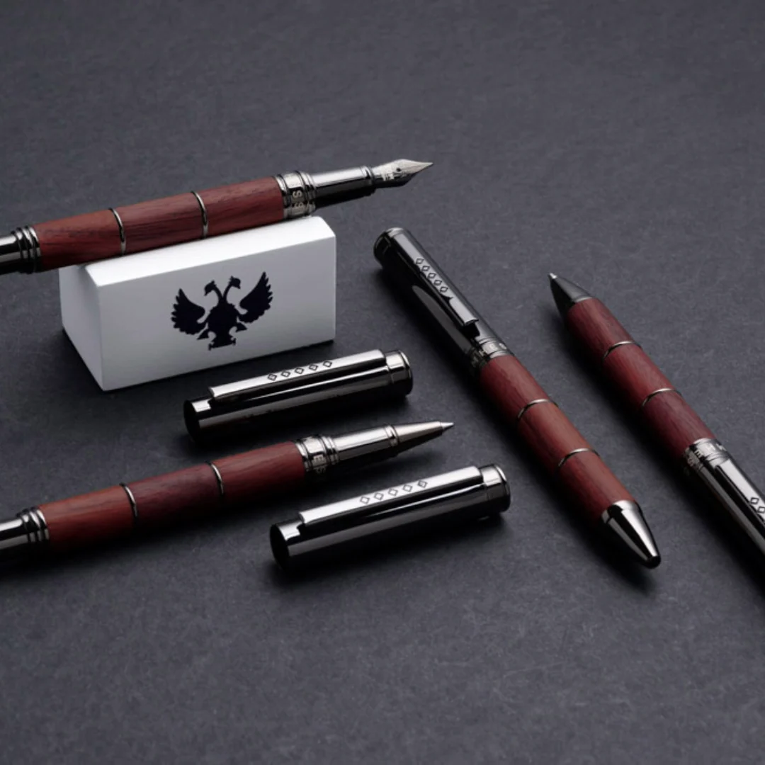 Tom Hessin Revolution Ballpoint Pen - Ironbridge Red Wooden Barrel Gunmetal Black Trim