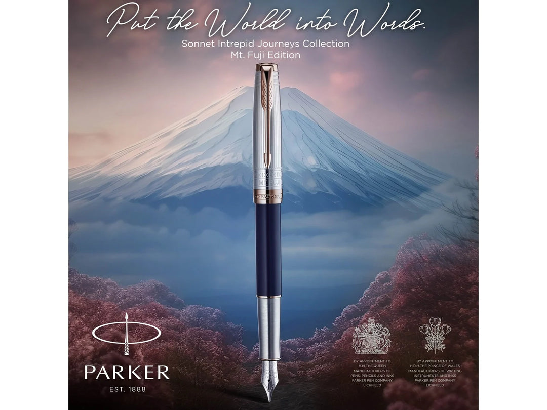 Parker Sonnet Fountain Pen - Intrepid Journeys Collection Mt. Fuji Edition Blue Gold Trim (18K Gold Nib)