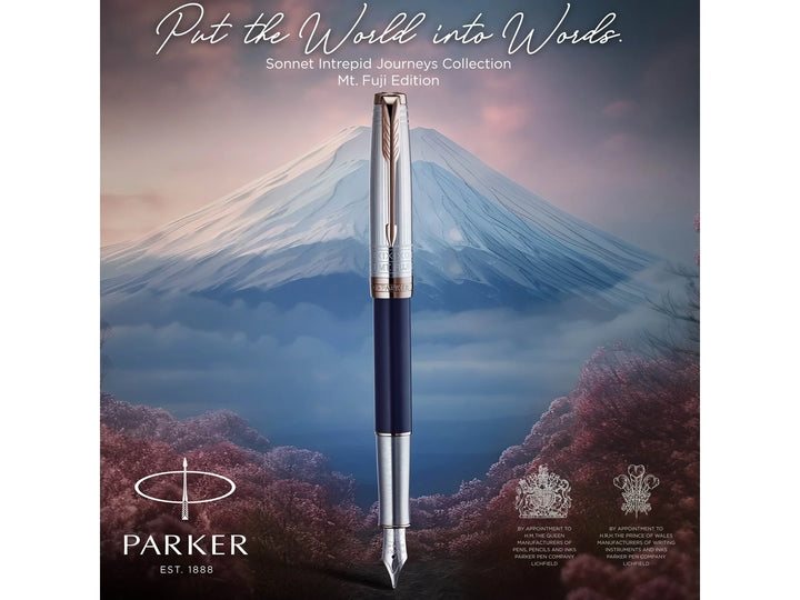 Parker Sonnet Fountain Pen - Intrepid Journeys Collection Mt. Fuji Edition Blue Gold Trim (18K Gold Nib)