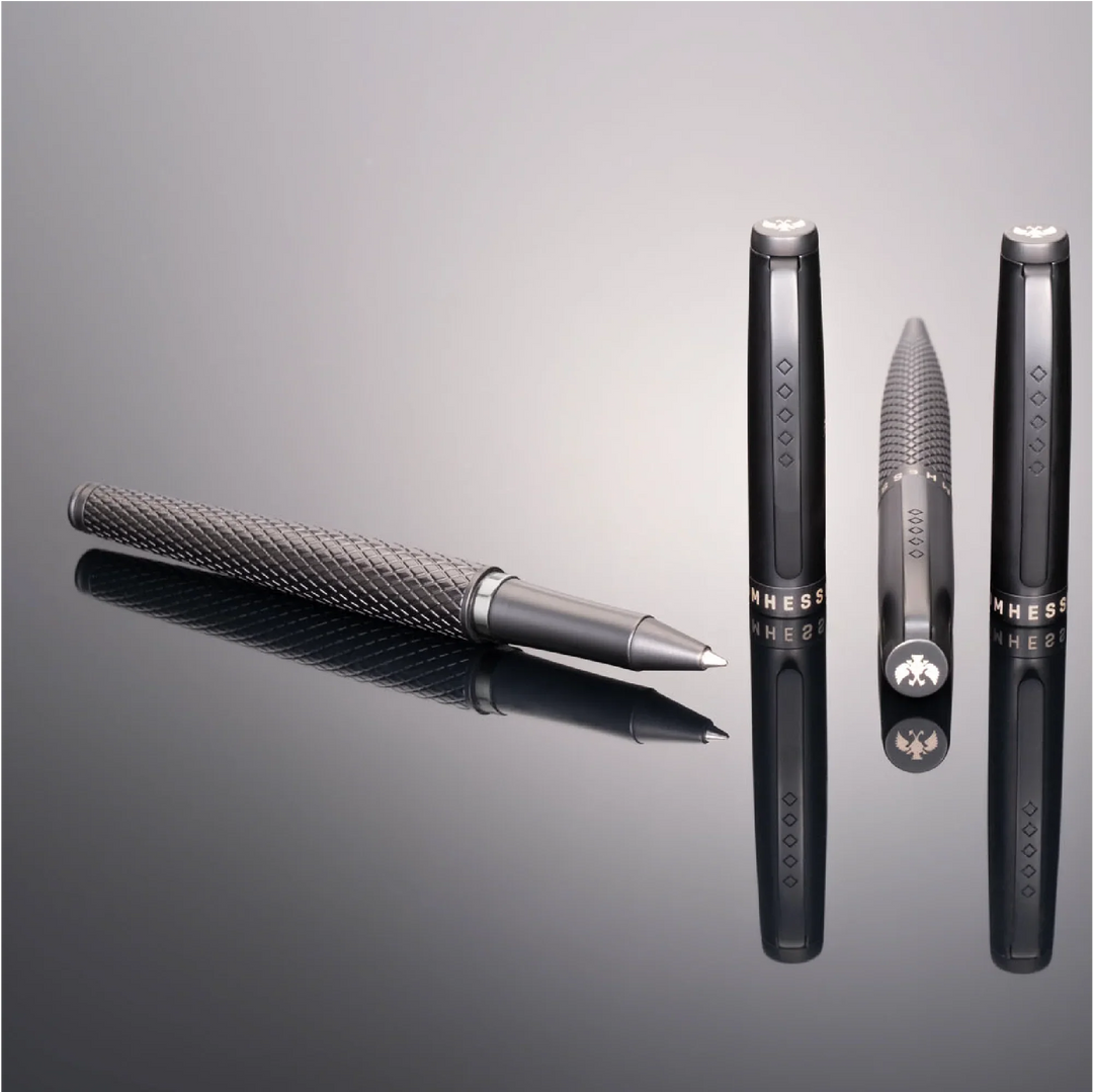 Tom Hessin Carbon Steel Rollerball Pen - Black Matte Achromatic Guilloche Black Trim