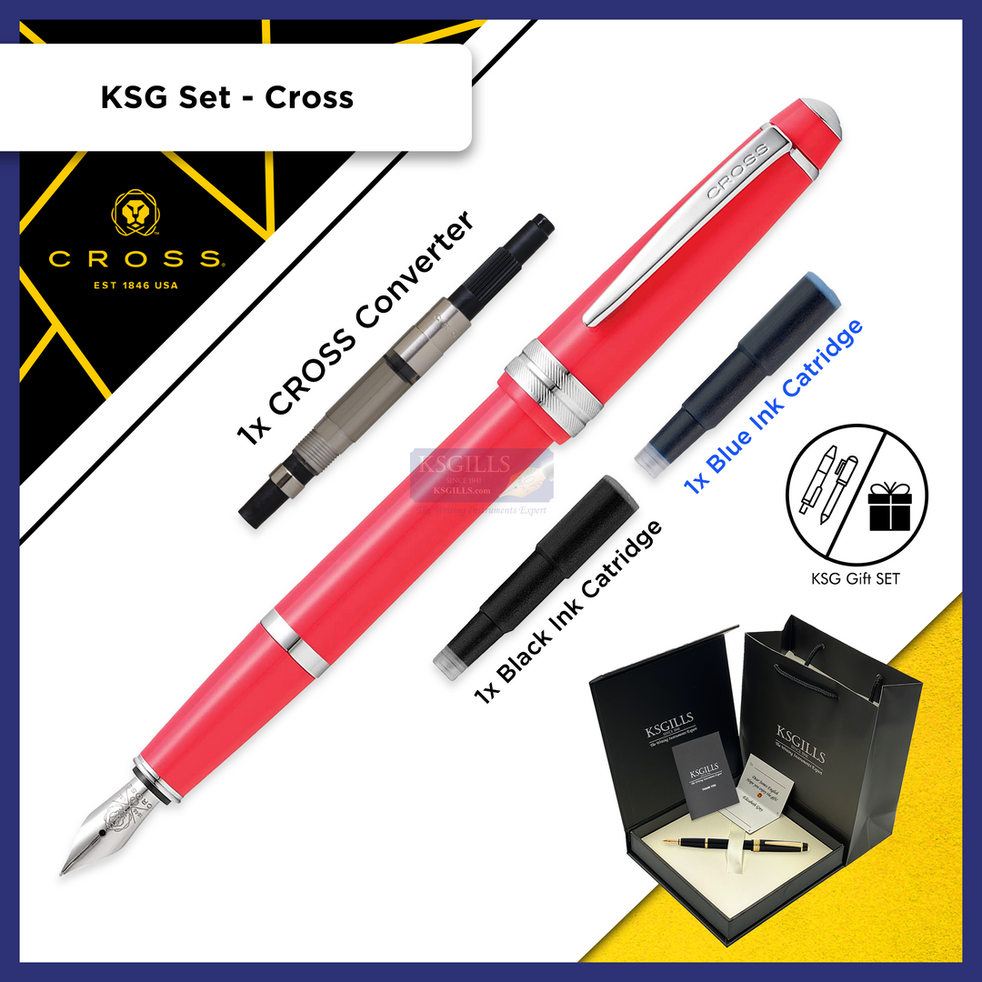 KSG set - Cross Bailey Light Fountain Pen SET - Coral Chrome Trim (Pink-Orange) Glossy Polished Resin - KSGILLS.com | The Writing Instruments Expert