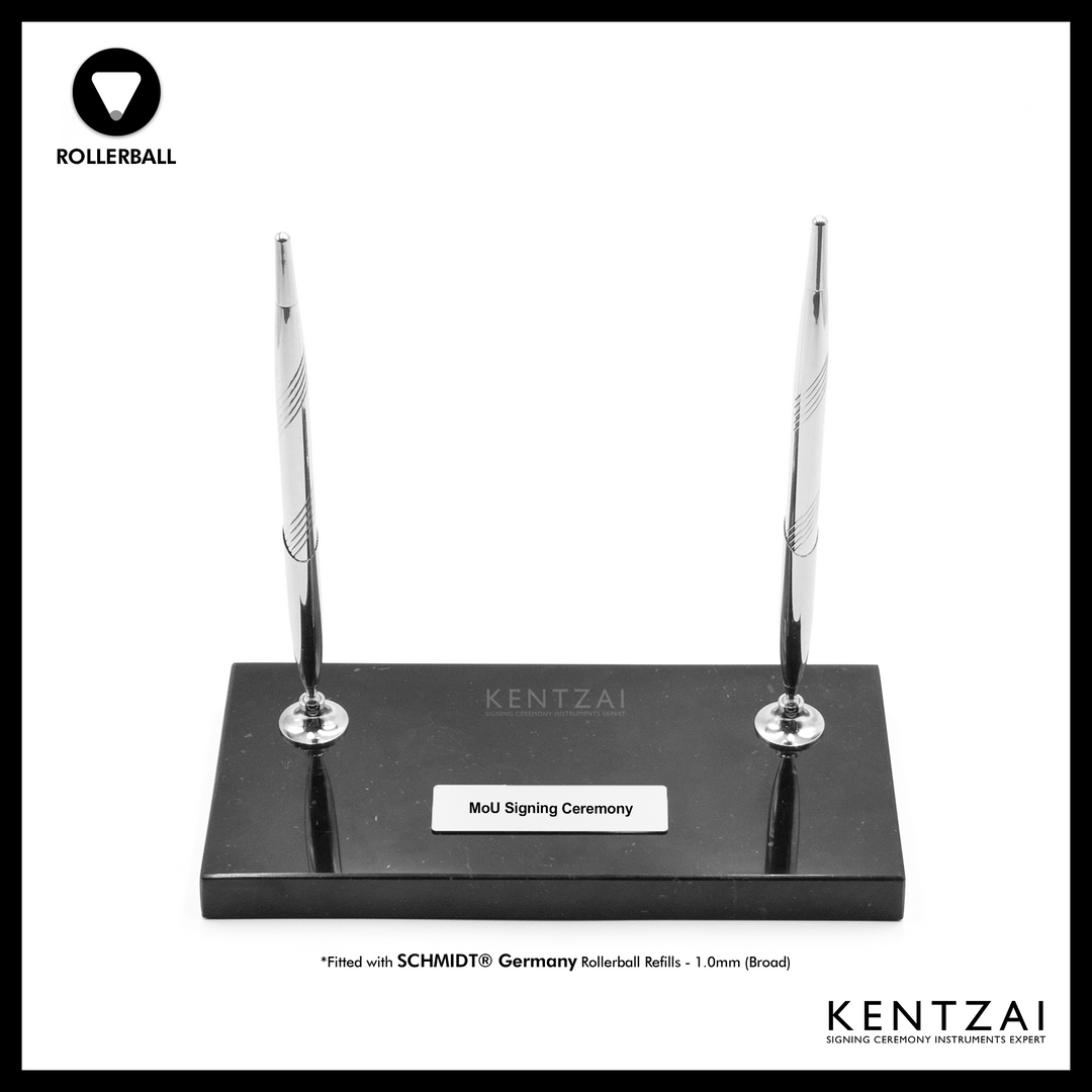KENTZAI Desk Pen Stand - Black MARBLE Marquina Chrome Trim - (DOUBLE Pens) - FULL CHROME ROLLERBALL - Signing Ceremony Set - KSGILLS.com | The Writing Instruments Expert