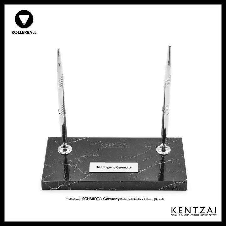 KENTZAI Desk Pen Stand - Black MARBLE Marquina Chrome Trim - (DOUBLE Pens) - FULL CHROME ROLLERBALL - Signing Ceremony Set