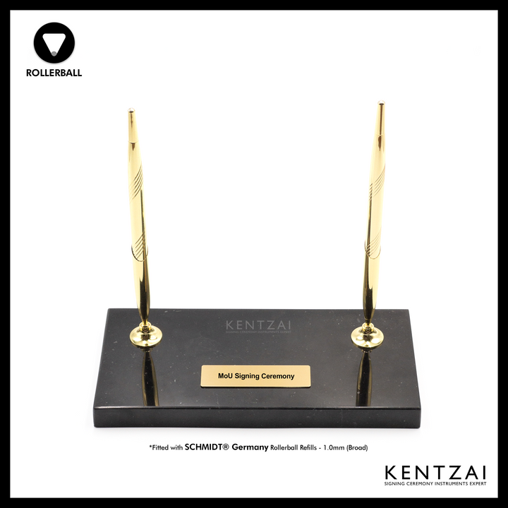 KENTZAI Desk Pen Stand - Black MARBLE Marquina Gold Trim - (DOUBLE Pens) - FULL GOLD ROLLERBALL - Signing Ceremony Set - KSGILLS.com | The Writing Instruments Expert