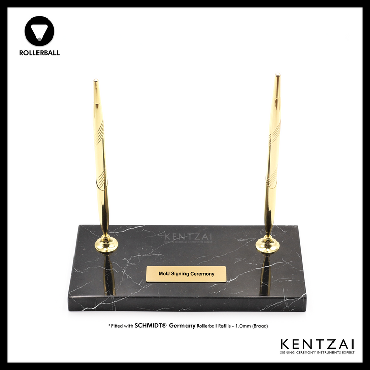 KENTZAI Desk Pen Stand - Black MARBLE Marquina Gold Trim - (DOUBLE Pens) - FULL GOLD ROLLERBALL - Signing Ceremony Set