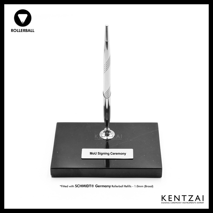 KENTZAI Desk Pen Stand - Black MARBLE Marquina Chrome Trim - (SINGLE Pen) - FULL CHROME ROLLERBALL - Signing Ceremony Set - KSGILLS.com | The Writing Instruments Expert