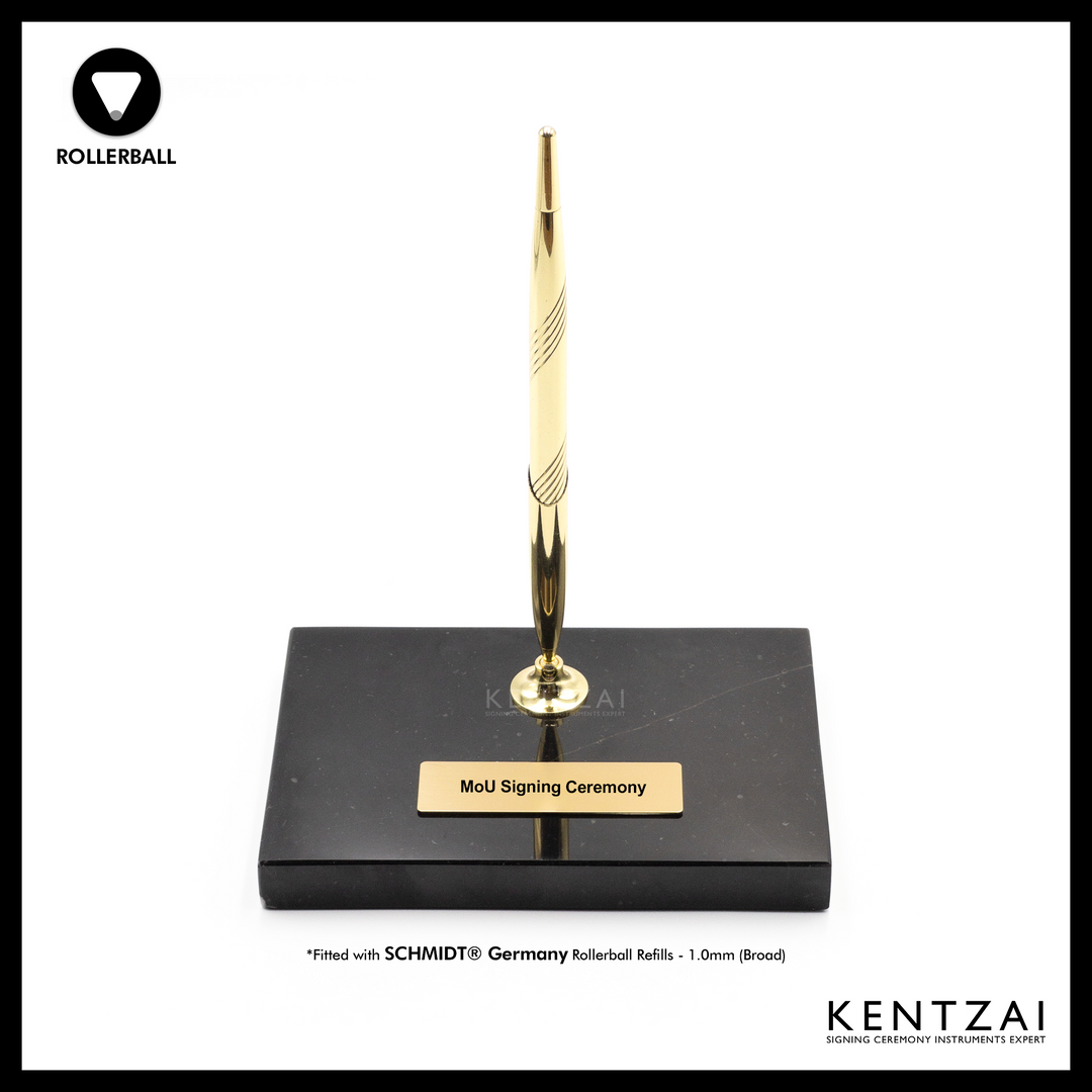 KENTZAI Desk Pen Stand - Black MARBLE Marquina Gold Trim - (SINGLE Pen) - FULL GOLD ROLLERBALL - Signing Ceremony Set - KSGILLS.com | The Writing Instruments Expert