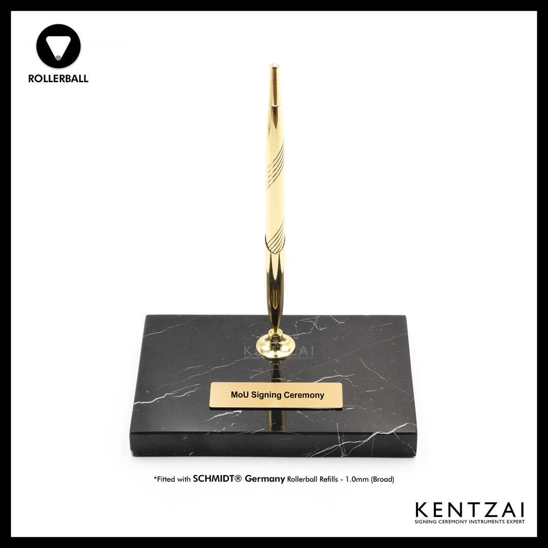 KENTZAI Desk Pen Stand - Black MARBLE Marquina Gold Trim - (SINGLE Pen) - FULL GOLD ROLLERBALL - Signing Ceremony Set