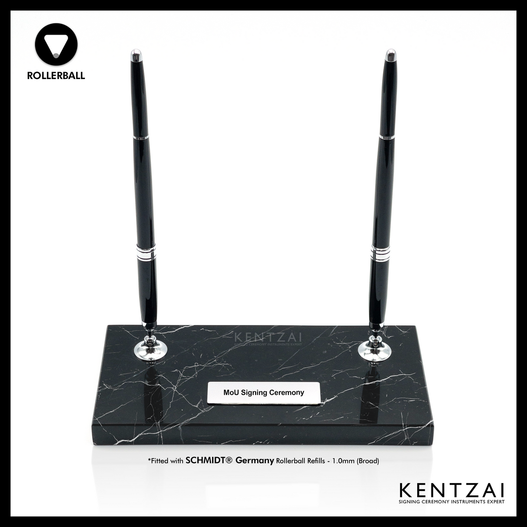 KENTZAI Desk Pen Stand - Black MARBLE Marquina Chrome Trim - (DOUBLE Pens) - ROLLERBALL - Signing Ceremony Set