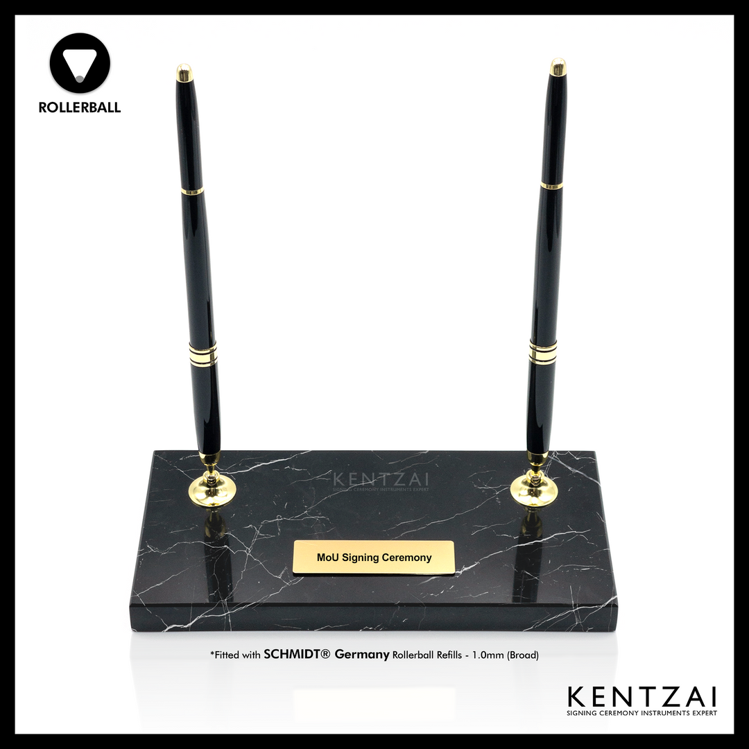 KENTZAI Desk Pen Stand - Black MARBLE Marquina Gold Trim - (DOUBLE Pens) - ROLLERBALL - Signing Ceremony Set