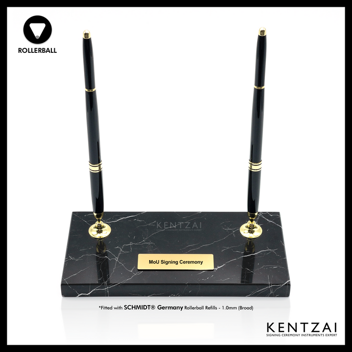 KENTZAI Desk Pen Stand - Black MARBLE Marquina Gold Trim - (DOUBLE Pens) - ROLLERBALL - Signing Ceremony Set