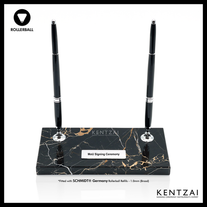 KENTZAI Desk Pen Stand - Black MARBLE Portoro Chrome Trim - (DOUBLE Pens) - ROLLERBALL - Signing Ceremony Set