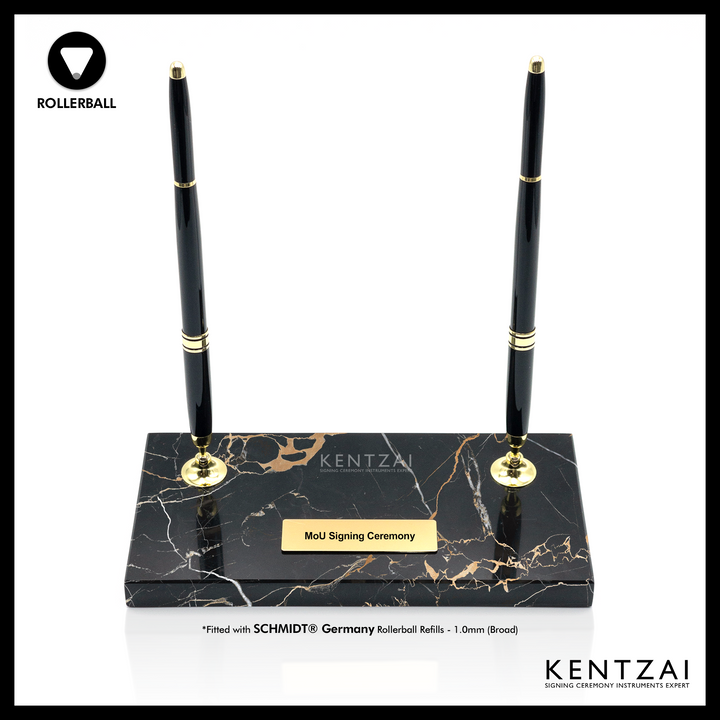 KENTZAI Desk Pen Stand - Black MARBLE Portoro Gold Trim - (DOUBLE Pens) - ROLLERBALL - Signing Ceremony Set