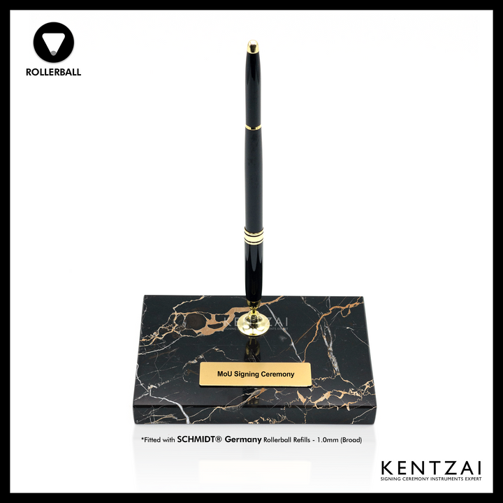 KENTZAI Desk Pen Stand - Black MARBLE Portoro Gold Trim - (SINGLE Pen) - ROLLERBALL - Signing Ceremony Set