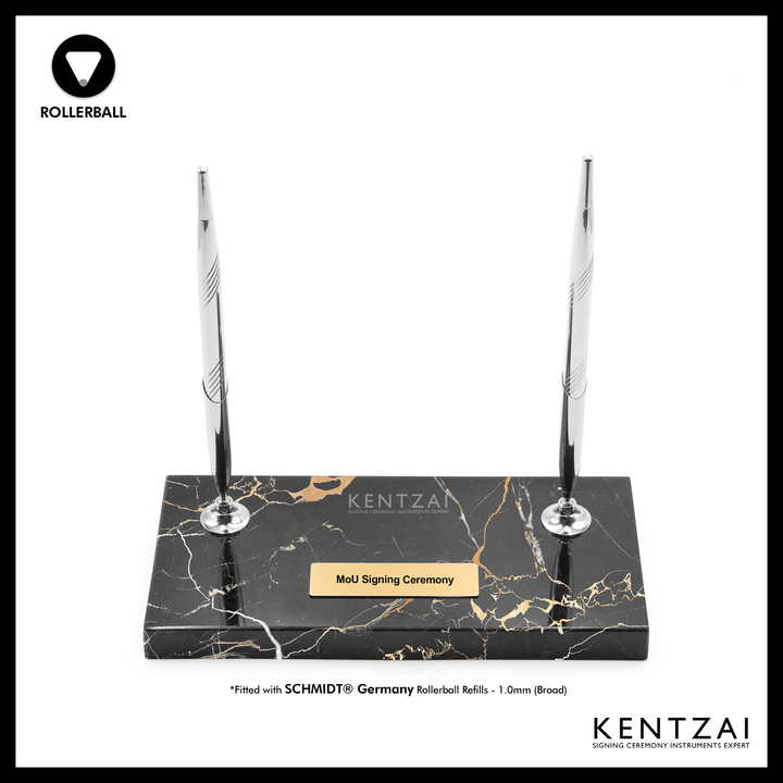 KENTZAI Desk Pen Stand - Black MARBLE Portoro Chrome Trim - (DOUBLE Pens) - FULL CHROME ROLLERBALL - Signing Ceremony Set