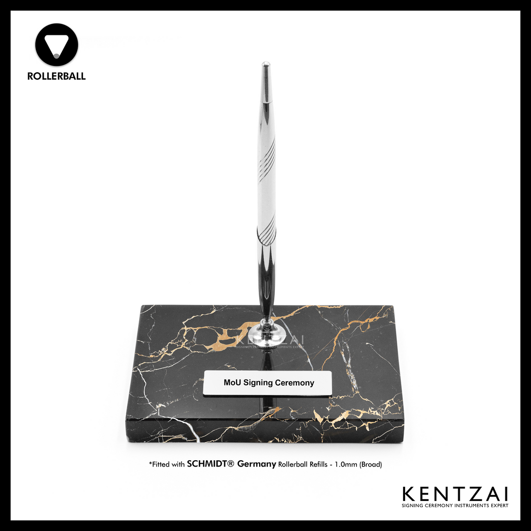 KENTZAI Desk Pen Stand - Black MARBLE Portoro Chrome Trim - (SINGLE Pen) - FULL CHROME ROLLERBALL - Signing Ceremony Set