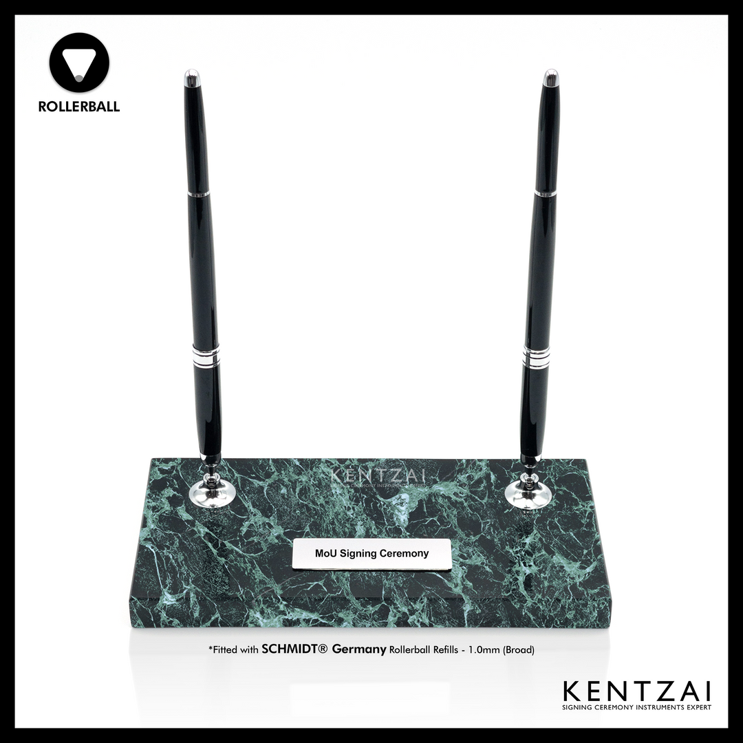 KENTZAI Desk Pen Stand - Black MARBLE Prada Green Chrome Trim - (DOUBLE Pens) - ROLLERBALL - Signing Ceremony Set