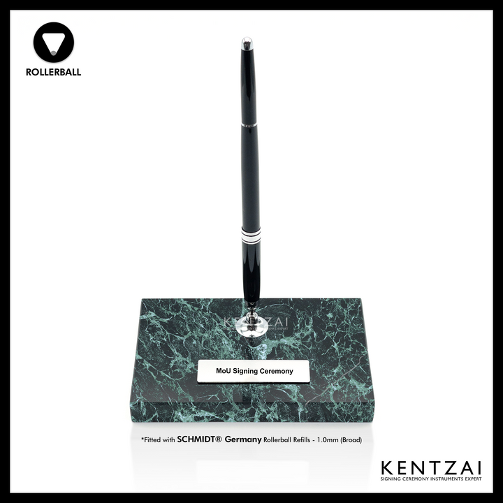 KENTZAI Desk Pen Stand - Black MARBLE Prada Green Chrome Trim - (SINGLE Pen) - ROLLERBALL - Signing Ceremony Set