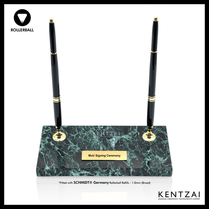 KENTZAI Desk Pen Stand - Black MARBLE Prada Green Gold Trim - (DOUBLE Pens) - ROLLERBALL - Signing Ceremony Set