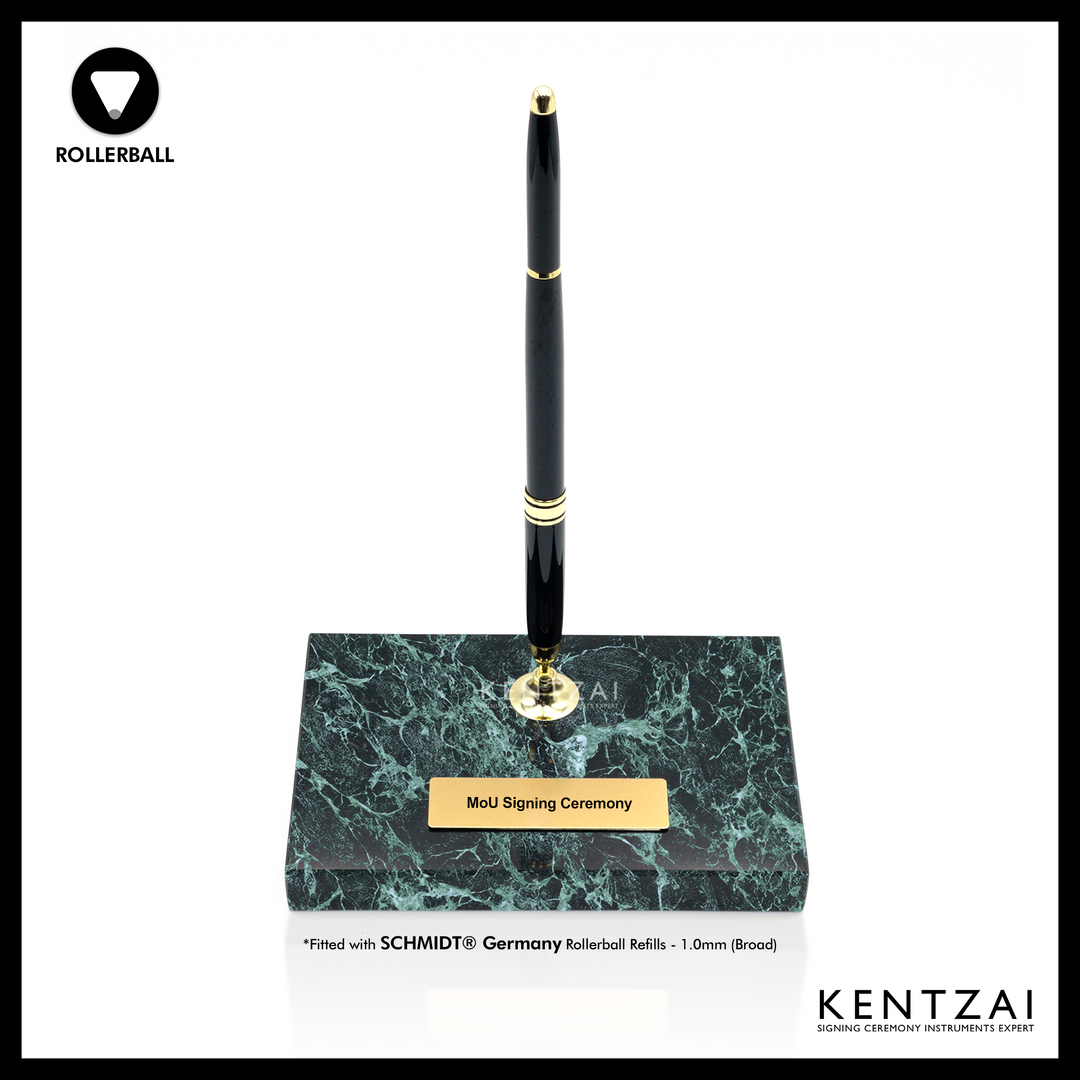 KENTZAI Desk Pen Stand - Black MARBLE Prada Green Gold Trim - (SINGLE Pen) - ROLLERBALL - Signing Ceremony Set