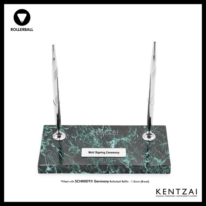 KENTZAI Desk Pen Stand - Black MARBLE Prada Green Chrome Trim - (DOUBLE Pens) - FULL CHROME ROLLERBALL - Signing Ceremony Set