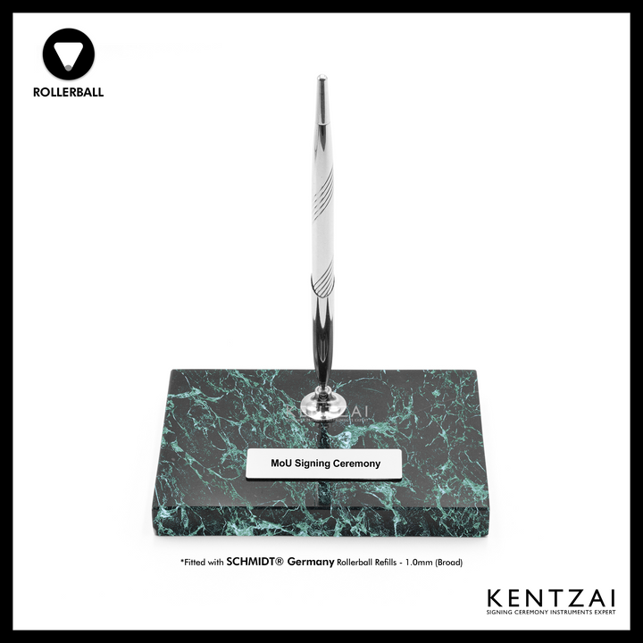 KENTZAI Desk Pen Stand - Black MARBLE Prada Green Chrome Trim - (SINGLE Pen) - FULL CHROME ROLLERBALL - Signing Ceremony Set