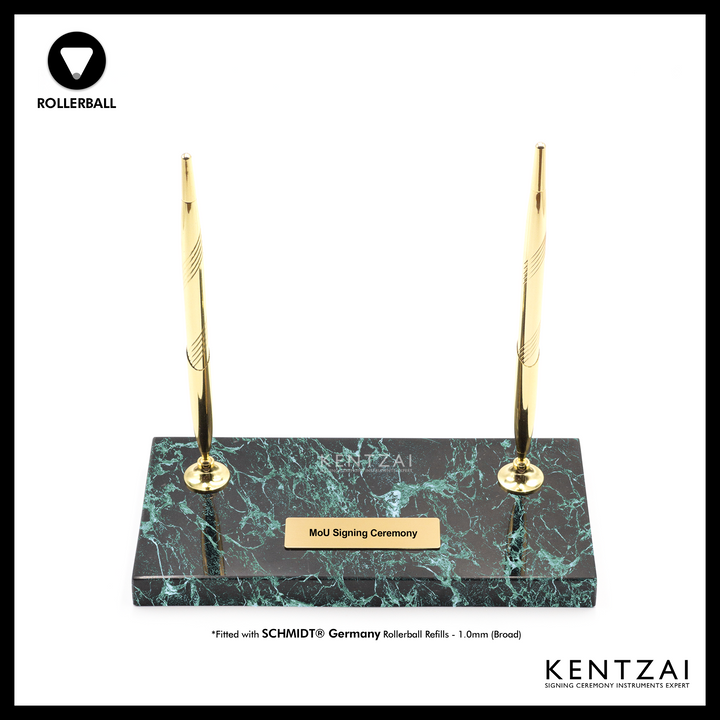 KENTZAI Desk Pen Stand - Black MARBLE Prada Green Gold Trim - (DOUBLE Pens) - FULL GOLD ROLLERBALL - Signing Ceremony Set