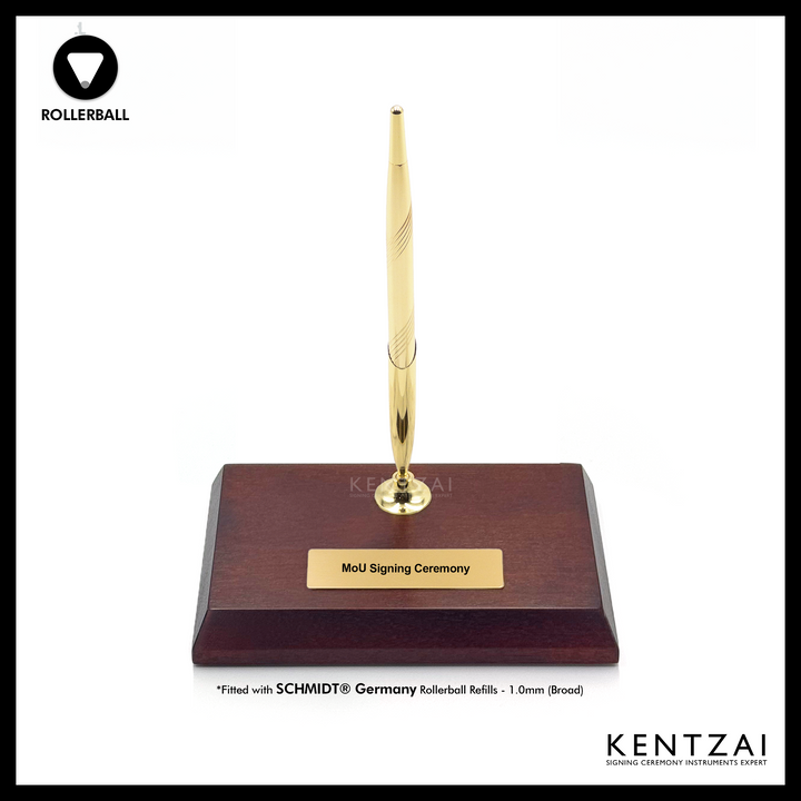 KENTZAI Desk Pen Stand - WOOD Brown NYATOH - SINGLE Rollerball Pen - FULL GOLD Trim - Signing Ceremony Set