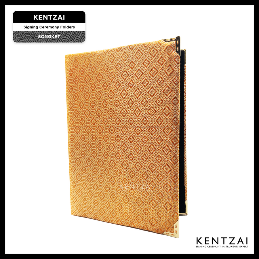 KENTZAI Signing Ceremony EXCLUSIVE A4 Document Folder SONGKET Cloth - ORANGE GOLD Songket Cover, Black Velvet Inside - KSGILLS.com | The Writing Instruments Expert