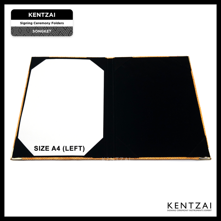 KENTZAI Signing Ceremony EXCLUSIVE A4 Document Folder SONGKET Cloth - ORANGE GOLD Songket Cover, Black Velvet Inside - KSGILLS.com | The Writing Instruments Expert