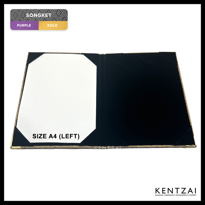 KENTZAI Signing Ceremony EXCLUSIVE A4 Document Folder SONGKET Cloth - PURPLE (VIOLET) GOLD Songket Cover, Black Velvet Inside - KSGILLS.com | The Writing Instruments Expert