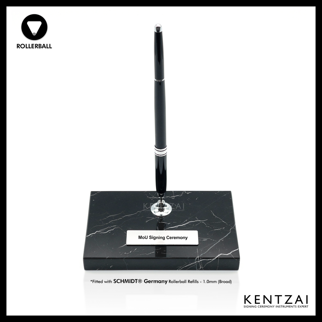 KENTZAI Desk Pen Stand - Black MARBLE Marquina Chrome Trim - (SINGLE Pen) - ROLLERBALL - Signing Ceremony Set